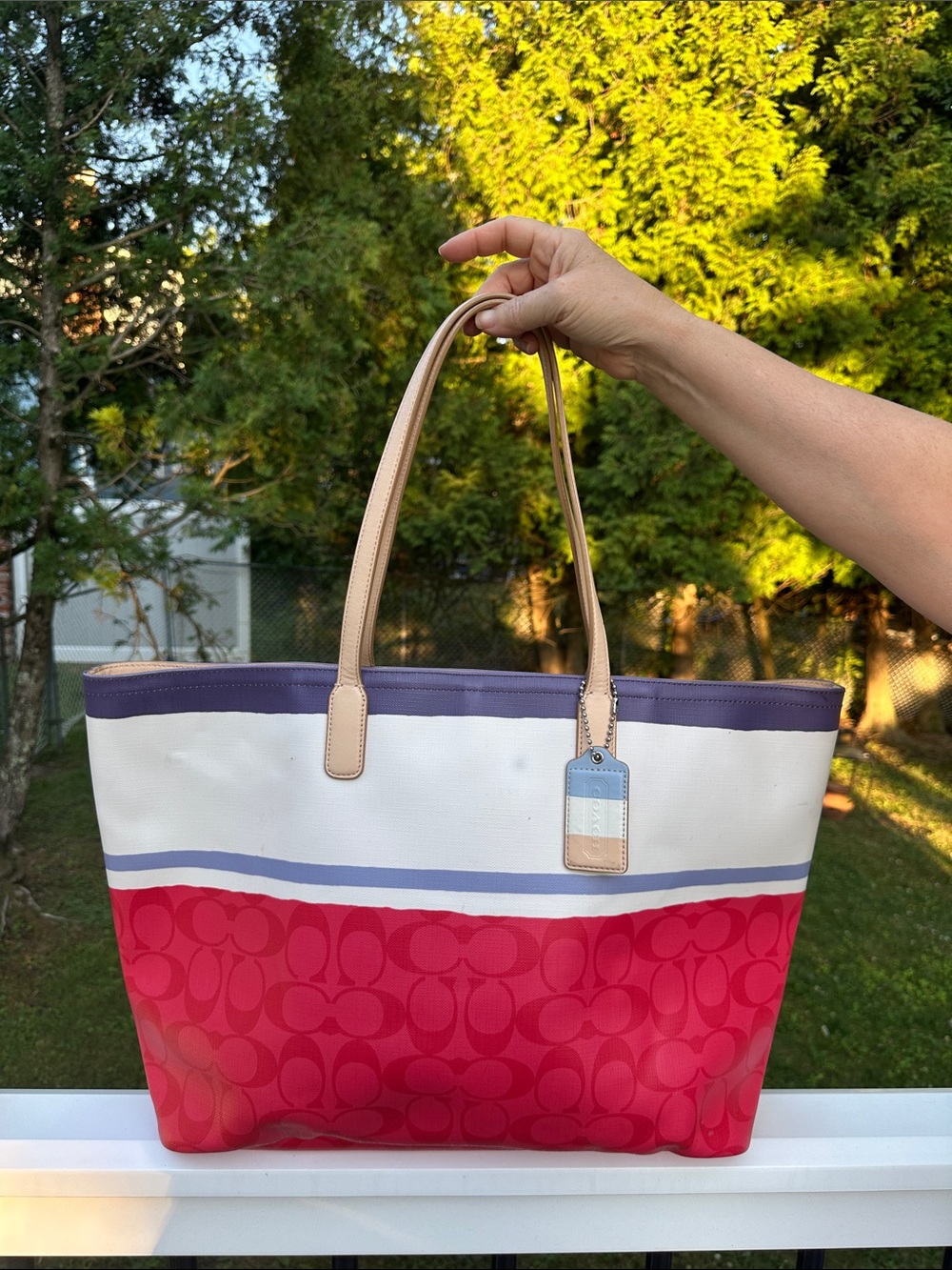 Coach Legacy Signature Painted Stripe Red and Blue Tote Bag